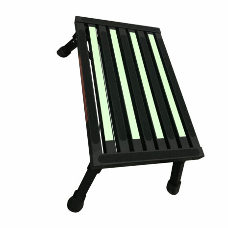 1501025238.jpg A BLACK Illuminous single folding portable caravan camping step with four curved supporting legs, featuring a slatted top for holding a suitcase, isolated on a white background.
