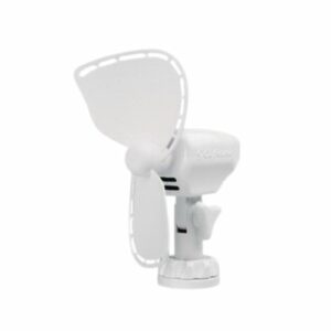 An Ultimate 757 12V Caravan RV Fan (White) sitting on top of a white background.