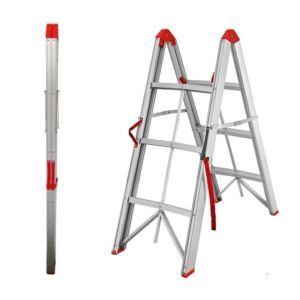 Two Images Of 3 Step Aluminium Collapsible Box Stick Ladders With Carry Bags: On The Left, A Closed Extension Ladder With Red Details, And On The Right, An Open Collapsible Ladder In An A-Frame Position.