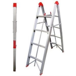 A 4-Step Aluminium Collapsible Box Stick Ladder With Carry Bag Shown In Two Positions: Folded For Storage And Fully Extended For Use, With Red Details On The Top And Side Hinges.