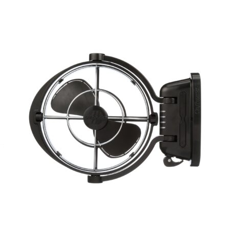 A Sirocco II 12/24V Caravan RV Fan (Black) with a black blade on a white background suitable for caravan or RV use.