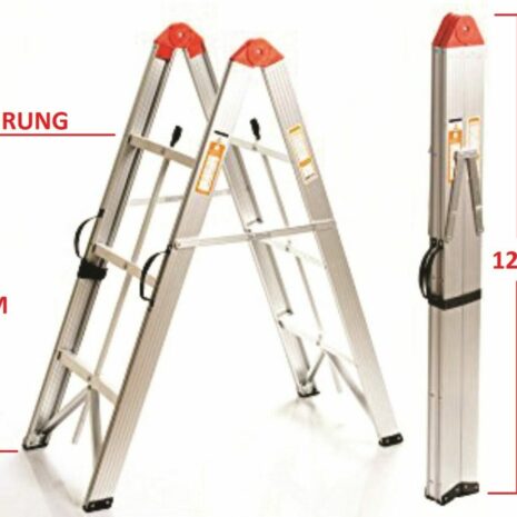 SDAFA An image showing a 3 step aluminium collapsible box stick ladder with carry bag in three positions: fully open, partially open, and fully closed. Marked with dimensions, 86 cm to the top rung when open.