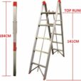 Image of a 5 step aluminium collapsible box stick ladder with carry bag, displayed in both closed and open positions with height measurements marked as 184 cm when closed and 141 cm to the top rung when open.