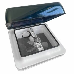 A white box with a 12V shower roof vent with LED lights and a smoked lid.