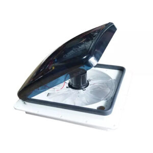A 12 volt manual caravan roof vent hatch with smoked lid.