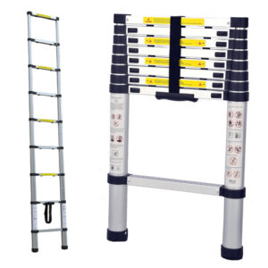A compact and portable 2.6m telescopic ladder complete with a convenient carry bag.
