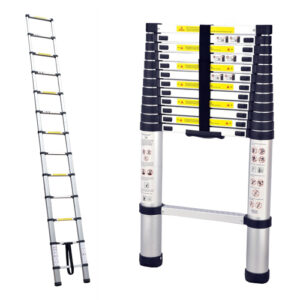 A pair of 3.8m portable telescopic ladders with carry bags, one of which has a different length.