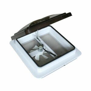 A white and brown 12 volt manual rv caravan shower roof vent with smoked lid.