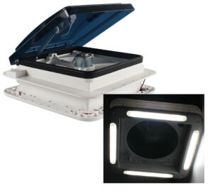 A white 12V SHOWER ROOF VENT WITH LED LIGHTS & TINTED LID.