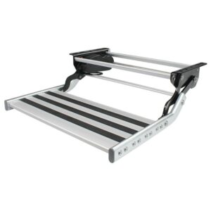 A Single 12v Electric Caravan Step with LED Light with a black and white stripe on it.