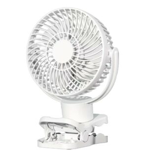 A White USB Portable Camping Fan with LED Light and Remote Control on top of a white background.