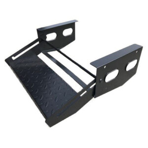 An image of a black powder coated steel caravan camper step for the side of a vehicle.