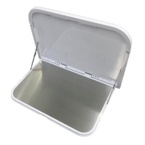 A 800mm White External Caravan RV Picnic Table with LEDs and USB port featuring a metal lid.