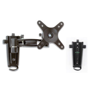 A black Single arm LCD caravan RV TV bracket with 2 mounting brackets.