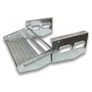 A pair of Galvanised steel caravan camper trailer steps with a handle on them.