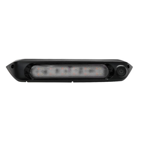 A BLACK 287mm 12V LED AWNING LIGHT WITH WHITE LIGHTS AND SWITCH IP67 on a white background.