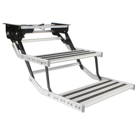 A Double 12v Electric Caravan Step with LED Light with two steps on it.
