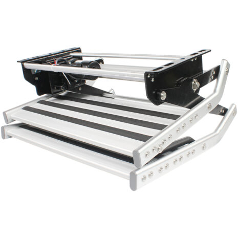 A Double 12v Electric Caravan Step with LED Light with a black and white design.