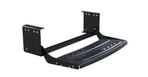 A single black steel caravan step with steel tread, isolated on a white background.