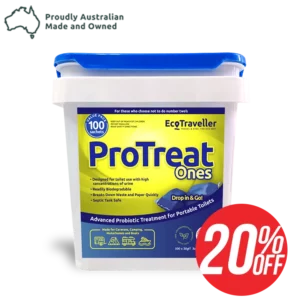 A container of EcoTraveller ProTreat ONES 100 Pack eco drops, a sanitizing solution for portable toilets, with a blue lid and a promotional 20% off sticker, isolated on a transparent background.