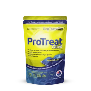A package of EcoTraveller ProTreat ONES Refill, designed for portable toilet use, featuring text and icons indicating its eco-friendly properties, such as being biodegradable and safe for septic.