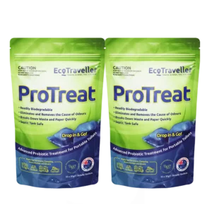 Two green packaged Ecotraveller Protreat portable toilet treatment with caution label and product details visible.