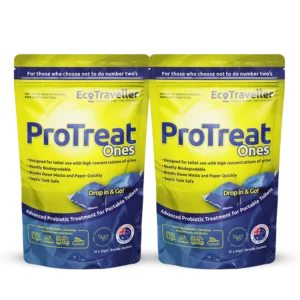 Two refill packs of EcoTraveller ProTreat ONES Refill (2 Pack) portable toilet treatment on a shelf, labeled for waste management with probiotics, mentioning features like drop-and-go sachets and safe for
