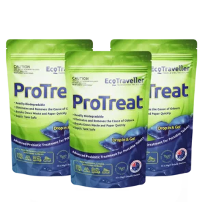 Three green packaged Ecotraveller Protreat portable toilet treatment with caution label and product details visible.