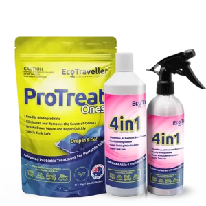 Image of three "EcoTraveller Portable Toilet ONES Starter Bundle" containers labeled with descriptions of being biodegradable, probiotic, and septic-safe, set against a clear