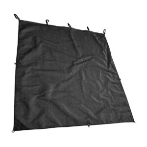 A Black Caravan privacy screen end wall/side sun shade with metal grommets set against a white background, appearing slightly wrinkled and flexible.