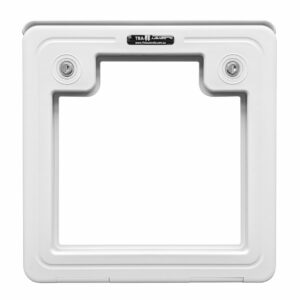 A white caravan access service door, featuring two circular mounts at the top corners and a brand label centered above the opening.