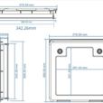 Technical drawing of a Black Caravan Access Service Door with dimension annotations illustrating the top view, side view, and bottom view. Each view details measurements in millimeters.